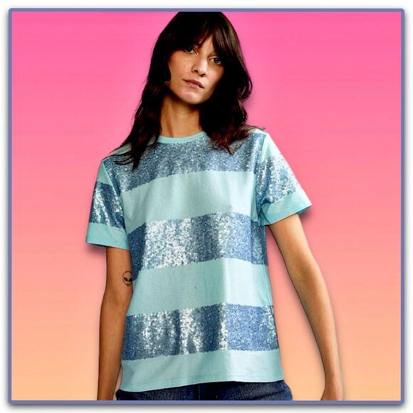 NWT Cynthia Rowley Striped Sequin Tee in Blue Combo - Picture 13 of 15
